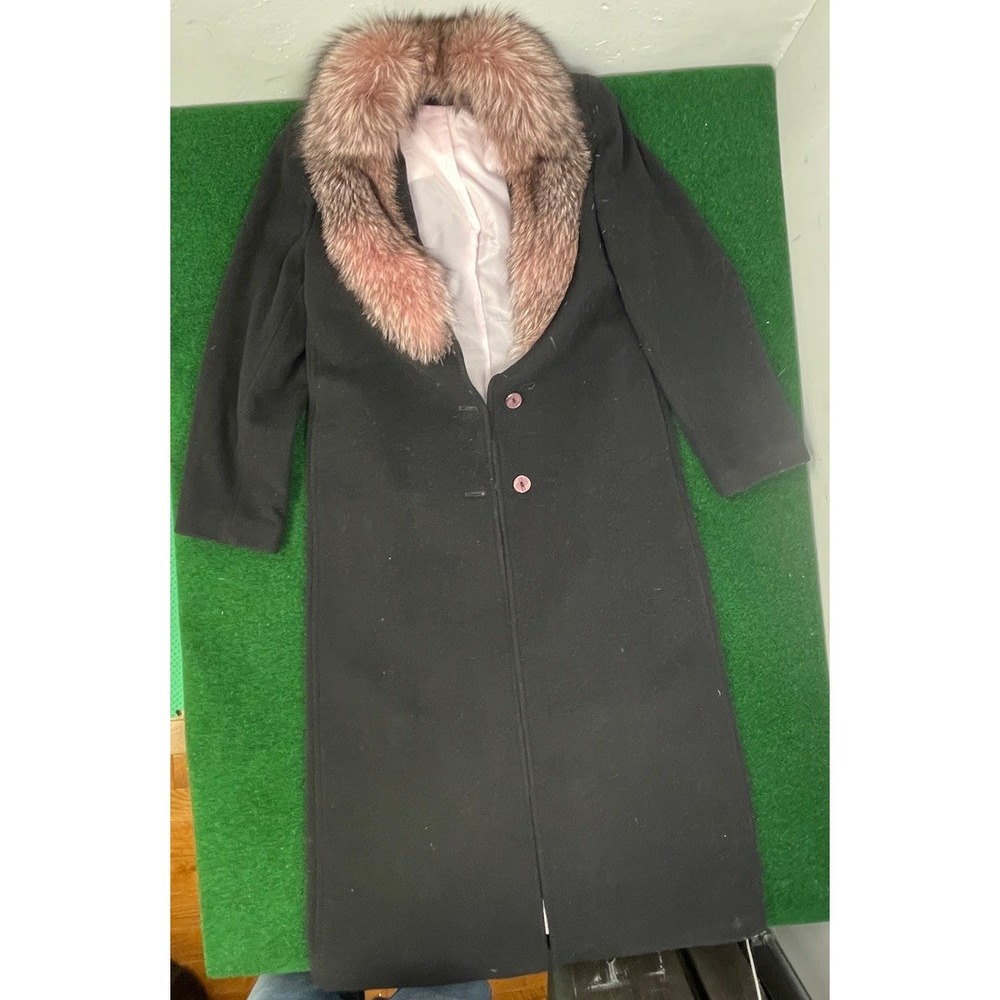 Nicole Miller New York Black 100% Lambswool Long Coat Pink Fur Collar Size 6